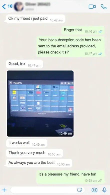 Avis client, capture WhatsApp abonnement IPTV MonIPTV
